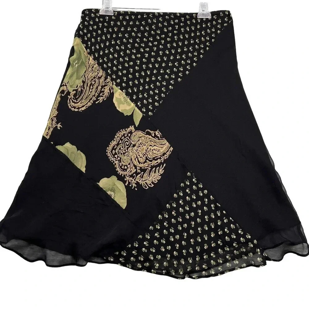 Allison Taylor XL 100% Silk Womens Lined Skirt Ruffle Hem Colorblock Flouncy